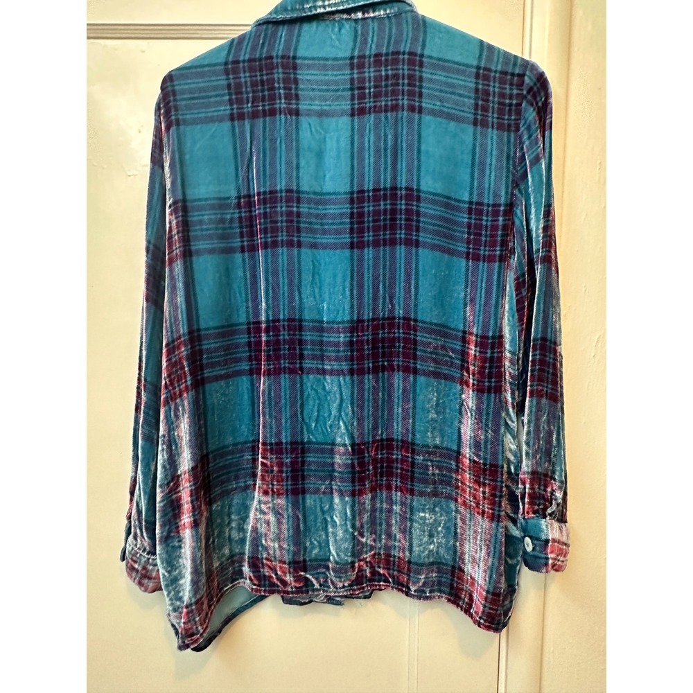 Soft Surroundings Silk Blend Velvet Plaid Button Down Shirt Teal Purple PL 39454 - Picture 6 of 7
